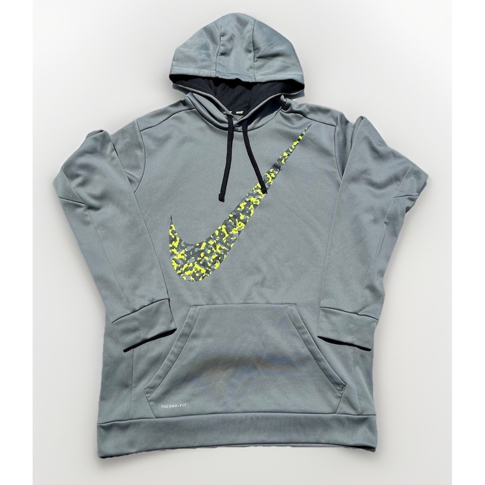 Nike‎ Air Hoodie Therma Fit Sweatshirt Big Logo Swoosh L Large Mens Gray Volt